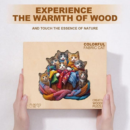 Colorful Fabric Cat Wooden Puzzles for Adults, Jigsaw Puzzles Unique Animal Shape Wood Puzzle Birthday for Women Friends Family, 185 Pieces 11.4 * 10.9in