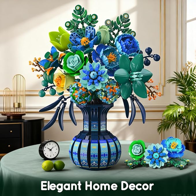 Flowers Building Set with Vase, Valentine's Day Flower Bouquet Botanical Collection Building Block Toy, 1309 PCS Peacock Artificial Plant Bonsai Kit Home Decor, Gift for Her Adults Girls 12+