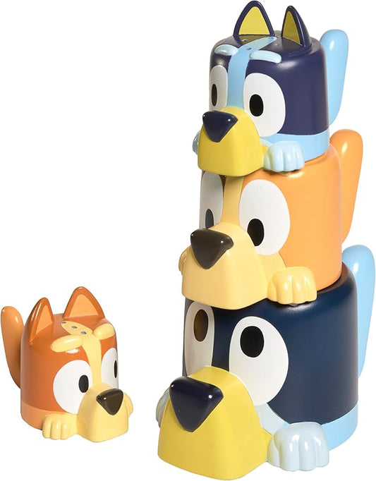TOMY Toomies Bluey Bath Toys - Bluey's Family Pourers - Includes Chilli, Bandit, Bingo and Bluey Figures - Nesting and Stacking Cups for Bath, Beach or Pool - 4 Count - Ages 18 Months and Up