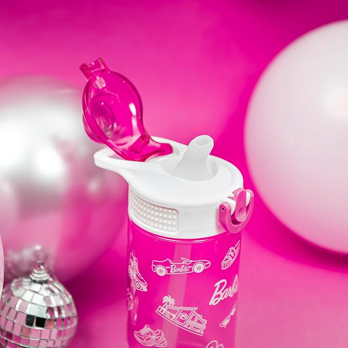Zak Designs Barbie Sage Water Bottle For School or Travel, 16oz Durable Plastic Water Bottle With Straw, Handle, and Leak-Proof, Pop-Up Spout Cover (Barbie)
