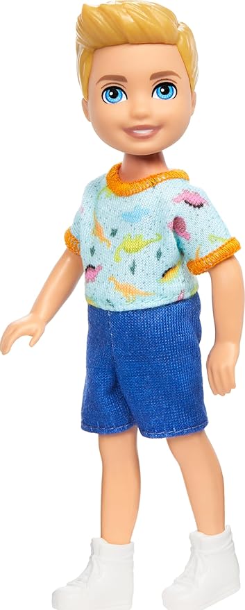 Barbie Chelsea Doll, Small Boy Doll Wearing Removable One-Piece with Dinosaur Print & White Shoes, Blond Hair & Blue Eyes