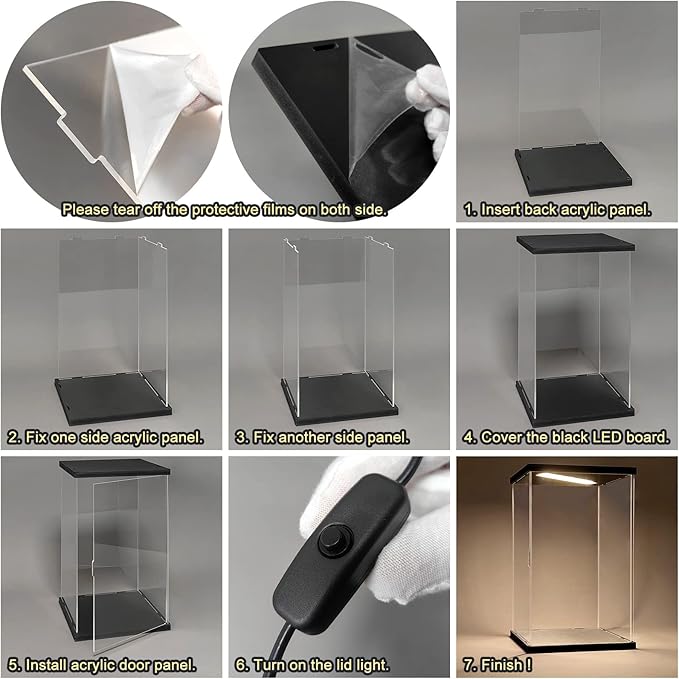 Acrylic Display Case for Collectibles Clear Acrylic Boxes for Display Action Figures Dolls Lighted Trophy Memoribilia Display Case Home Storage Box(Black-Solid Yellow; 7.9*7.9*9.8 inch)