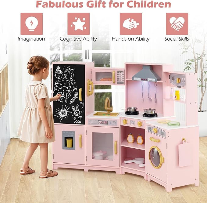 Costzon Corner Play Kitchen w/Lights, Sounds, Large Pretend Play Kitchen Set w/Blackboard, Microwave, Cooking Accessories, Wooden Montessori Sensory Toy for Kids 3+ Years Old (Pink)
