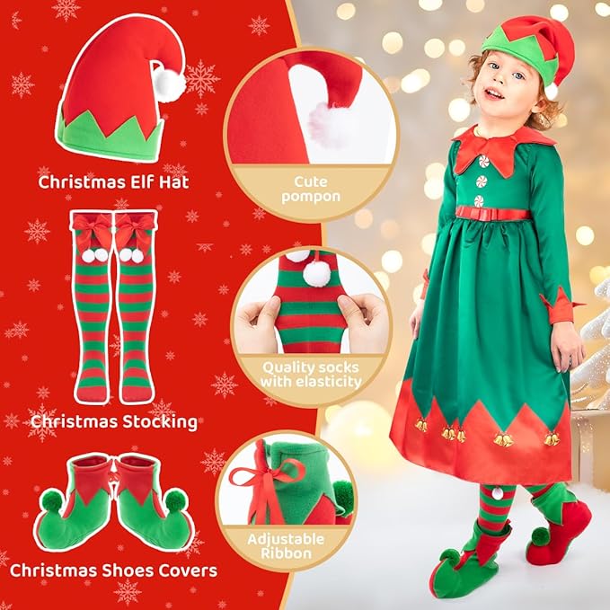 Meland Light Up Christmas Costumes for Girls with Elf Shoe Covers - Elf Outfit for Kids 4-12