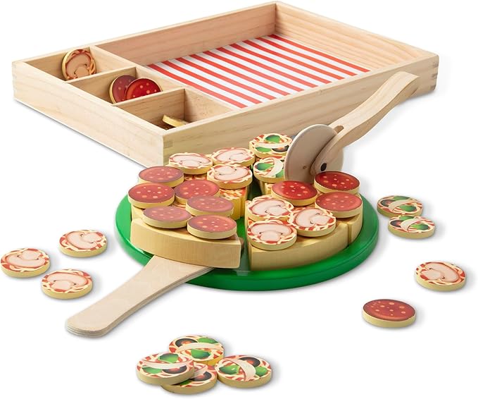 Melissa & Doug Wooden Pizza Party Play Set, 36 Self-Stick Toppings, Pizza Toy Kitchen Set & Play Kitchen Accessories, Preschool Toys for Boys & Girls 3+