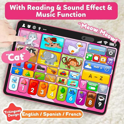 Trilingual Learning Toy Tablet with Music & Sound, Montessori Speech Therapy Toys for 1 Year Old Girl Boy Musical Baby Toy 12-18 Months Toddler Girl Toys Age 1-2 2-3 Birthday Gifts (Pink)