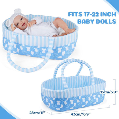 BABESIDE Reborn Baby Doll Bassinet for 17-22 Inch Dolls, Cute Bear Patterns Baby Doll Accessories Soft Foldable Babydoll Crib Bed with Handle for Newborn Dolls Boys, Blue
