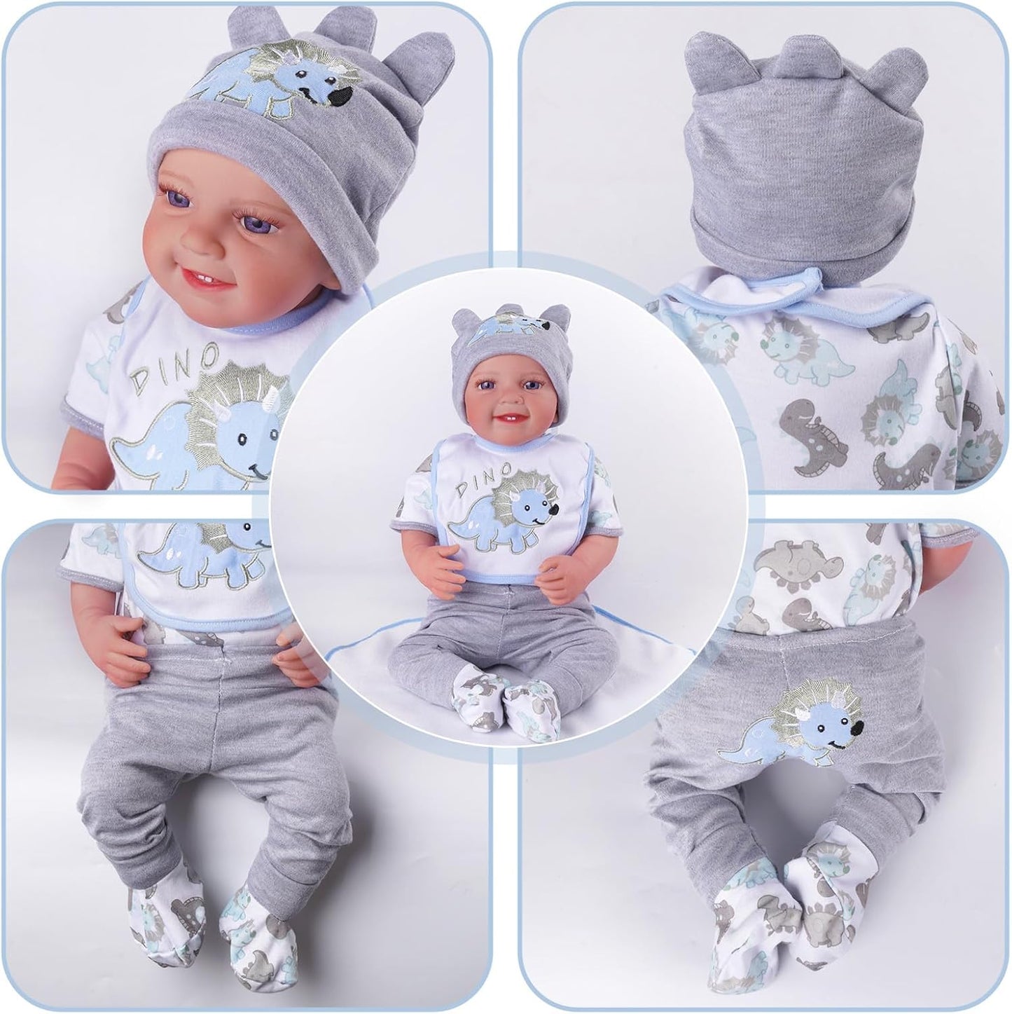 BABESIDE 6 Pcs Reborn Baby Doll Clothes for 17-22 Inch Babydolls, Dinosaurs Pattern Lifelike Reborn Baby Doll Accessories with Hat Bib and Socks for Realistic Baby Dolls Boy & Girl