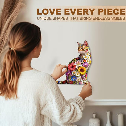 Floral cat Puzzles Adults Gifts Wooden 65 Pieces 8.5 * 6.9in