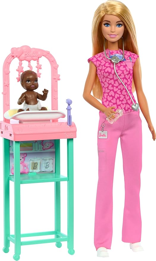 Barbie Baby Doctor with Blonde Fashion Doll Wearing Pink Scrubs, 1 Baby Doll with Accessories & Furniture