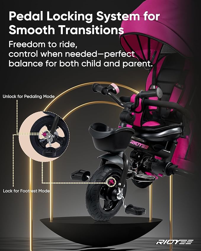 7-in-1 Folding Toddler Tricycle for 18 Months to 5 Years, Tricycle Stroller with Dual Brakes, All-Terrian Rubber Tire, Tricycle for Toddlers with Rotatable Seat, Adjustable Push Handle, Pink