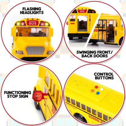 ArtCreativity Yellow School Bus Toy with Flashing Lights & Sound, Friction Powered 1/16 Scale School Bus Toy for Kids with 4 Sounds & Lights, Back & Side Doors Open, Easter Gifts for Kids Ages 3+