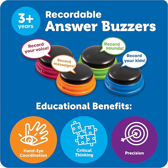 Learning Resources Recordable Answer Buzzers - Classroom Must Haves Supplies, Kids Toys, Sound Effect Button, Family Game Shows For Trivia, Participation Tools Boys and Girls Birthday Gifts
