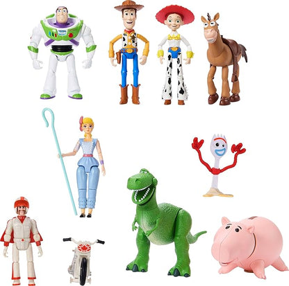 Mattel Disney and Pixar Toy Story Storytellers Figure Pack, 9 Figures & Vehicle, Woody Buzz Rex Forky Bo Peep Duke Caboom & Toy Motorcycle, Carnival Crew