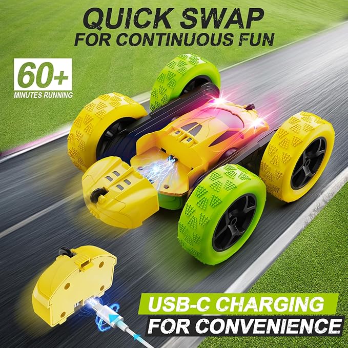 Remote Control Car, RC Car Toys for 6-12 Year Old Boys, Off Road RC Stunt Car 4WD 360° Rotating Remote Control Car for Kids, Boys Girls Gifts for Birthday, Christmas Yellow&Green