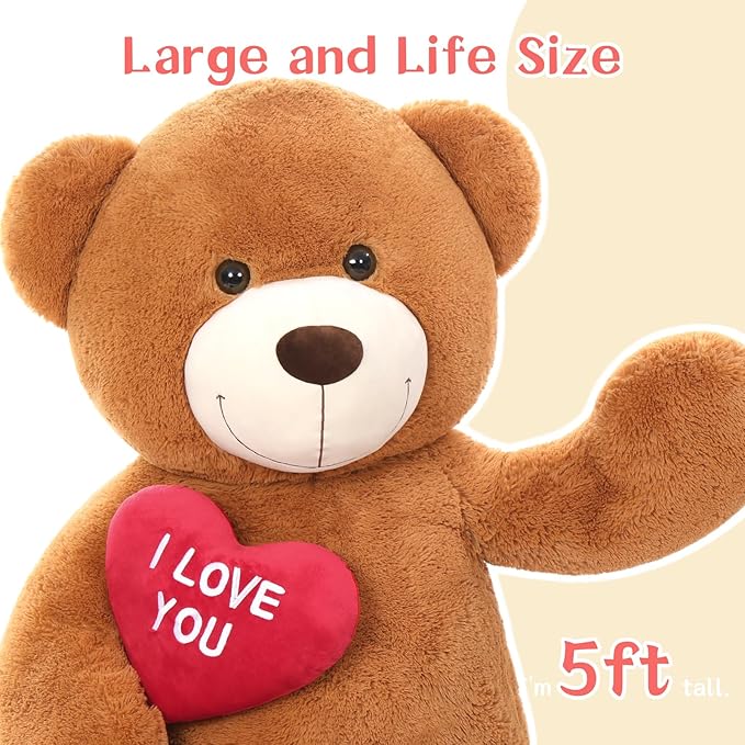 Tezituor Giant Teddy Bear Stuffed Animal 5Ft with Heart,Large I Love You Bear Plush Toys for Kids Gift for Girlfriend