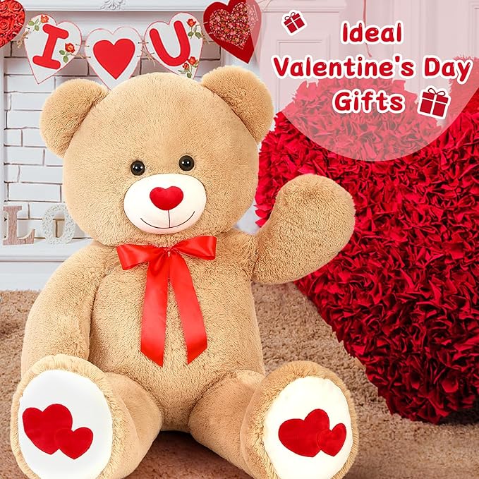 Tezituor Giant Teddy Bear Stuffed Animal 4ft - Big Teddy Bear with Love Red Heart - Brown Large Stuffed Bear Plush Toys for Kid Christmas Birthday - Bear Gift for Girlfriend