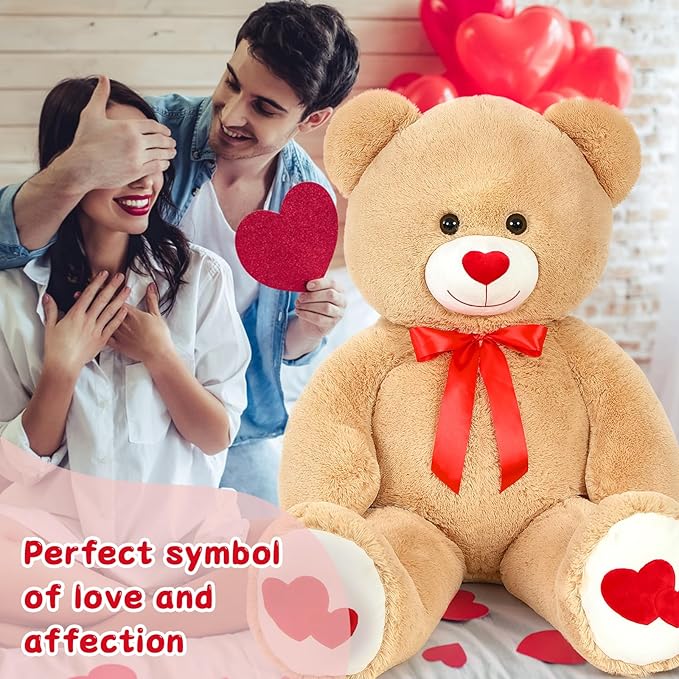 Tezituor Giant Teddy Bear Stuffed Animal 4ft - Big Teddy Bear with Love Red Heart - Brown Large Stuffed Bear Plush Toys for Kid Christmas Birthday - Bear Gift for Girlfriend