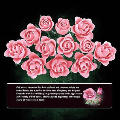 Pink Rose Bouquet Building Set, Compatible with Lego Flowers for Adults - Botanical Collection Gift for Valentines - Artificial Home Retro Decor