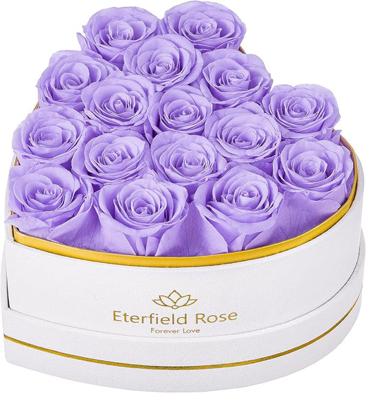 Eterfield 16 Forever Flowers in Heart Shape Box, Preserved Roses That Last a Year Preserved Flowers Birthday Gifts for Her Mom Women Wife Anniversary Valentines Day Mothers Day, Light Purple