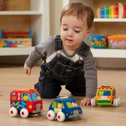 Melissa & Doug K's Kids Pull-Back Town Vehicle Set - Baby Toys Set with 4 Soft Toy Cars and Trucks, Surface Washable with Removable Wheels, Learning Toys for Babies and Toddlers