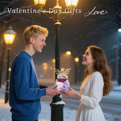 Preserved Flowers Rose Gifts for Women,Eternal Roses Forever Flower in Glass Angel Figurines for Delivery Prime Birthday Mother's Day for Girlfriend Grandma Wife Sister Daughter Valentine Christmas