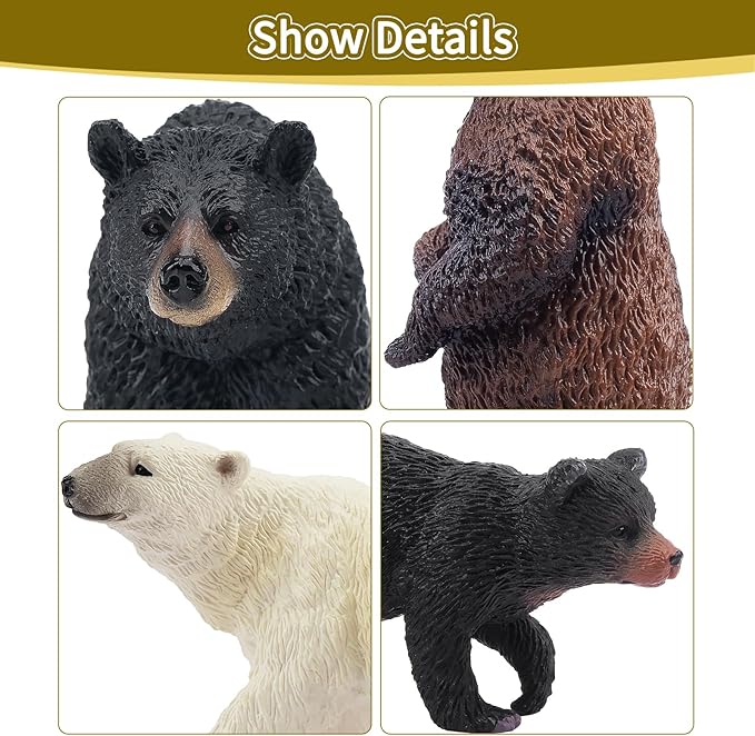 Toymany 6PCS Realistic Bear Figurines Set - Plastic Bears Toy with Grizzly, Black Bear, Polar Bear and Cubs, Wild Animals Figures Education Toy Cake Toppers Christmas Birthday Gift for Kids Toddlers