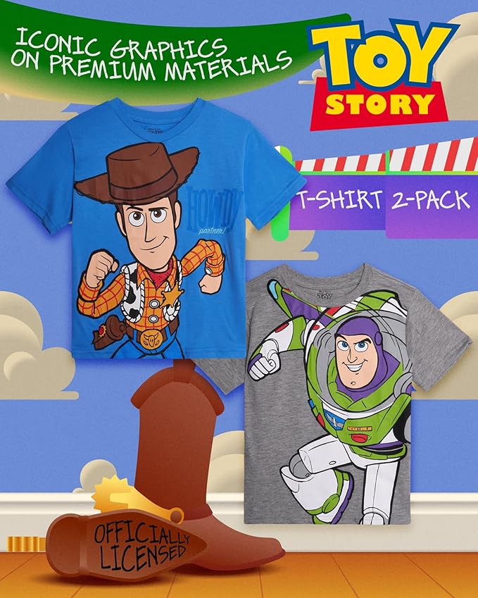 Disney Cars Toy Story Boys Shirts - 2 Pack Lightning McQueen Buzz Lightyear Short Sleeve Boys Tees for Toddler and Little Boy