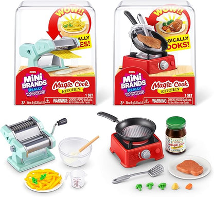 Mini Brands Really Works Magic Cook Kitchen Capsule Series 1 Pasta Maker & Steak with Pan Set by ZURU, Miniature Real Working Kitchen Appliances, Non-Edible Collectible Toy Mystery Capsule