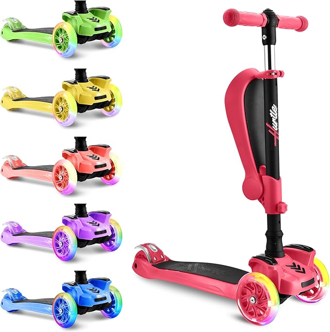 Hurtle 3-Wheeled Scooter for Kids - Wheel LED Lights, Adjustable Lean-to-Steer Handlebar, and Foldable Seat - Sit or Stand Ride with Brake for Boys and Girls Ages 1-14 Years Old