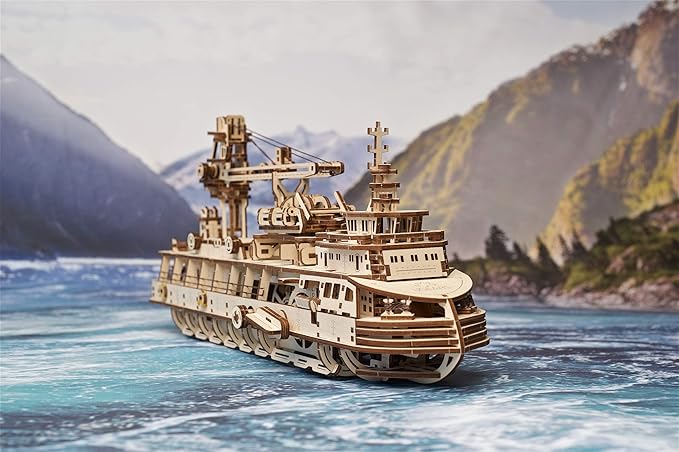 UGEARS Research Vessel 3D Wooden Puzzles for Adults - Wooden Model Kits for Adults Model Ship Kit for Adult Mechanical Model Kit Puzzle Brain Teaser Hobby Set Home Decoration