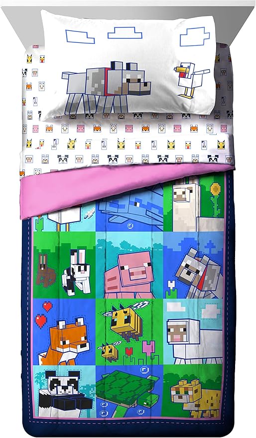 Jay Franco Minecraft Animal Patch 5 Piece Twin Bed Set - Includes Comforter & Sheet Set Bedding - Super Soft Fade Resistant Microfiber (Official Minecraft Product)