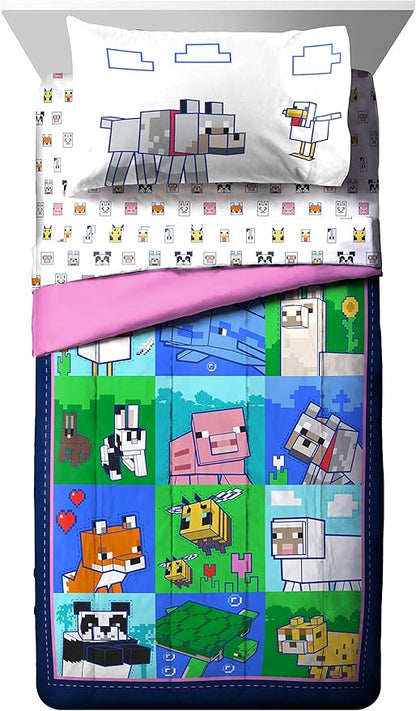 Jay Franco Minecraft Animal Patch 5 Piece Twin Bed Set - Includes Comforter & Sheet Set Bedding - Super Soft Fade Resistant Microfiber (Official Minecraft Product)