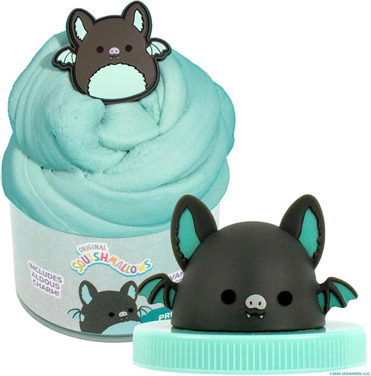 Original Squishmallows Aldous The Fruit Bat Premium Cloud Slime, Vanilla-Scented, 8 oz., Storage Container with Figurine Topper, Rubber Charm, Goodie Bags Stuffers, Kids Party Favors, Sensory Toy