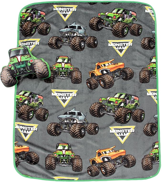 Jay Franco Monster Jam Grave Digger Nogginz Set - 40 x 50 Inch Lightweight Travel Throw Blanket & Pillow - Kids Super Soft 2 Piece Bedding Set