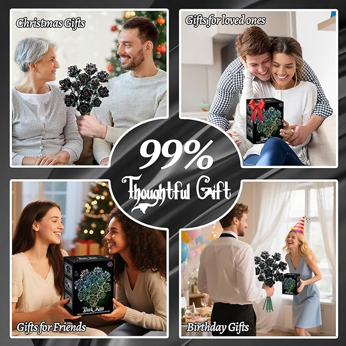 Black Roses Flower Building Set-12Pack, Compatible with Lego Bouquet for Adults,Gothic Horror Flowers Botanical, Gift for Halloween & Valentines Compatible with Lego Roses(585pcs)