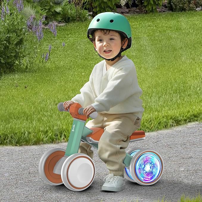 Colorful Lighting Baby Balance Bike Toys for 1 Year Old Boys Gifts, Toddler First Bike 12-24 Months with Adjustable and Cushioned Seat, 4 Quiet Wheels Ride On Toy, Perfect First Birthday Gift