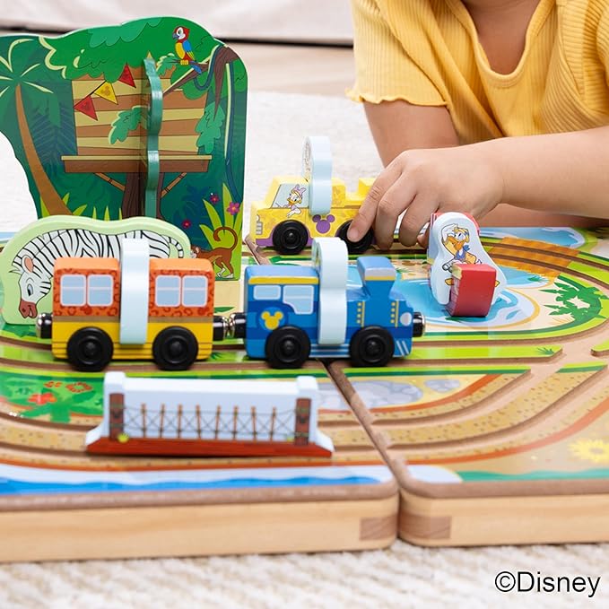 Melissa & Doug Disney Take-Along Safari Adventure Wooden Play Set with Built-in Tracks – 20 Pieces | Mickey Mouse, Minnie, Wooden Toy for Boys and for Girls 3+ - FSC Certified