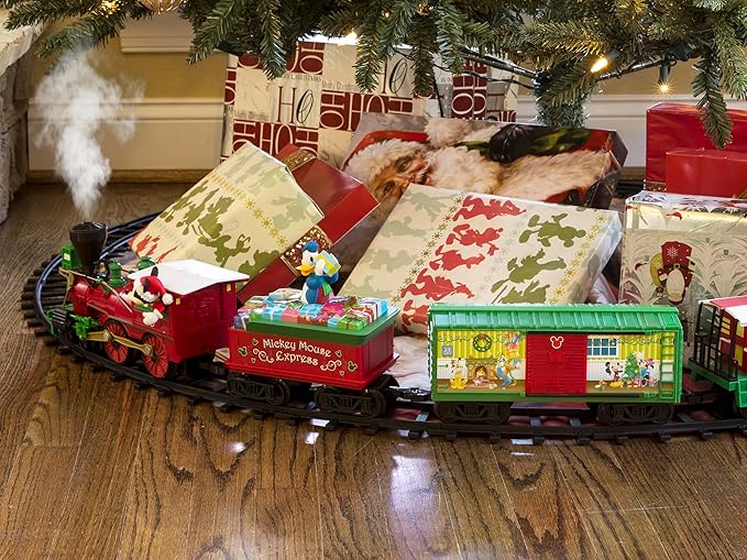 Lionel Disney Battery-Operated Mickey Mouse Express Toy Train Set with Bluetooth, Locomotive, Train Cars, & Track with Authentic Train Sounds, Lights, & Water Vapor Smoke Effects for Kids 4+