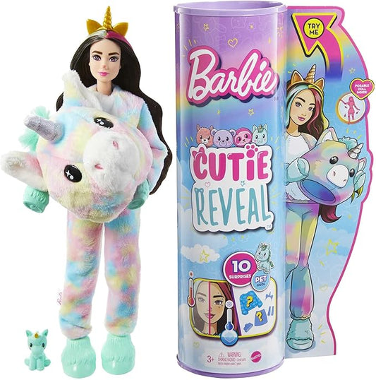 Barbie Cutie Reveal Doll, Fantasy Series Unicorn Plush Costume, 10 Surprises Including Mini Pet & Color Change