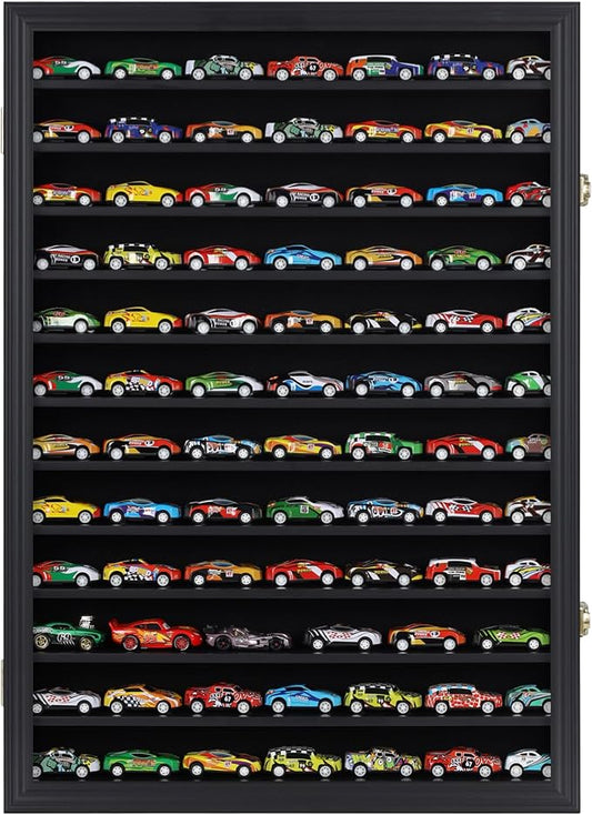 Hot Toy Cars Wheels Matchbox Model Cars Hot Display Case Cabinet UV Protection 1/64-1/43 Scale (Black Finish) 26.5 X 18.75 X 3.25 Inches