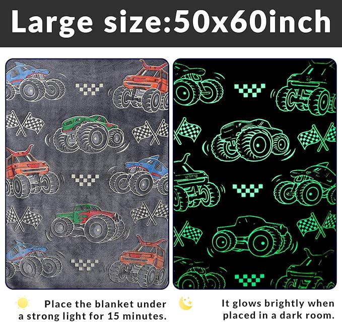 Glow in The Dark Blanket for Kids Cute Truck Boys Blankets for Sofa Couch Bed Birthday Christmas Easter Gifts for Kids Boys