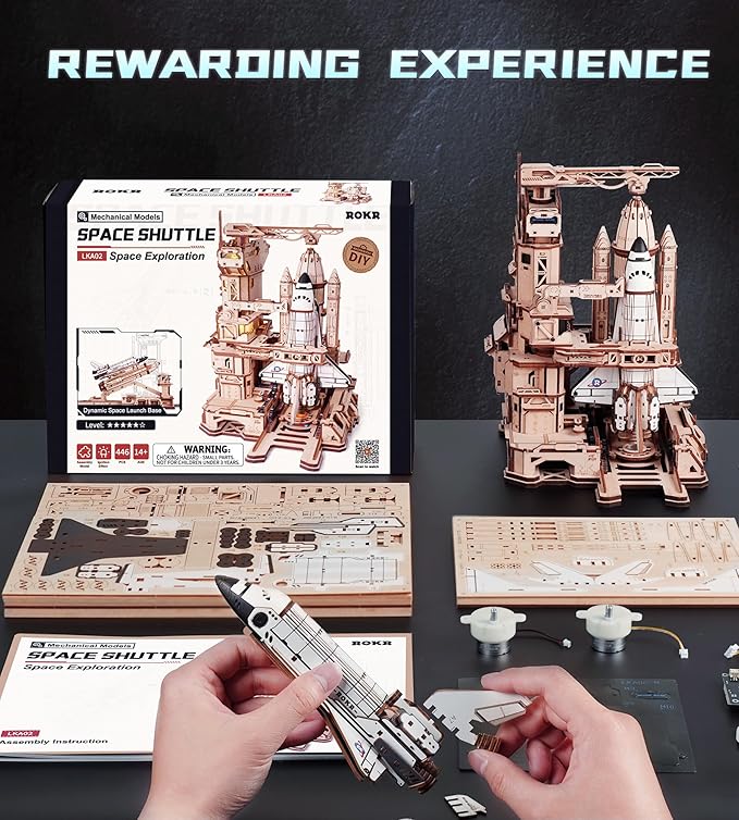 ROKR 3D Puzzles Space Shuttle Model - Dynamic Launch Base with Motorized Lift, LED Light Effects, 1:420 Scale Collectible Building Kit