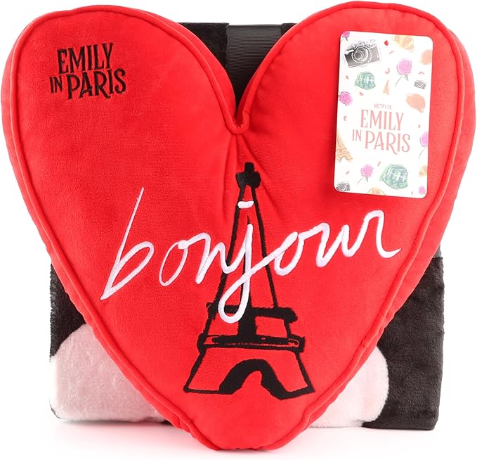 Jay Franco Emily in Paris Throw Blanket and Pillow Set - 40 x 50 Inch Lightweight Travel Throw & Heart Pillow, Super Soft 2 Piece Bedding Set