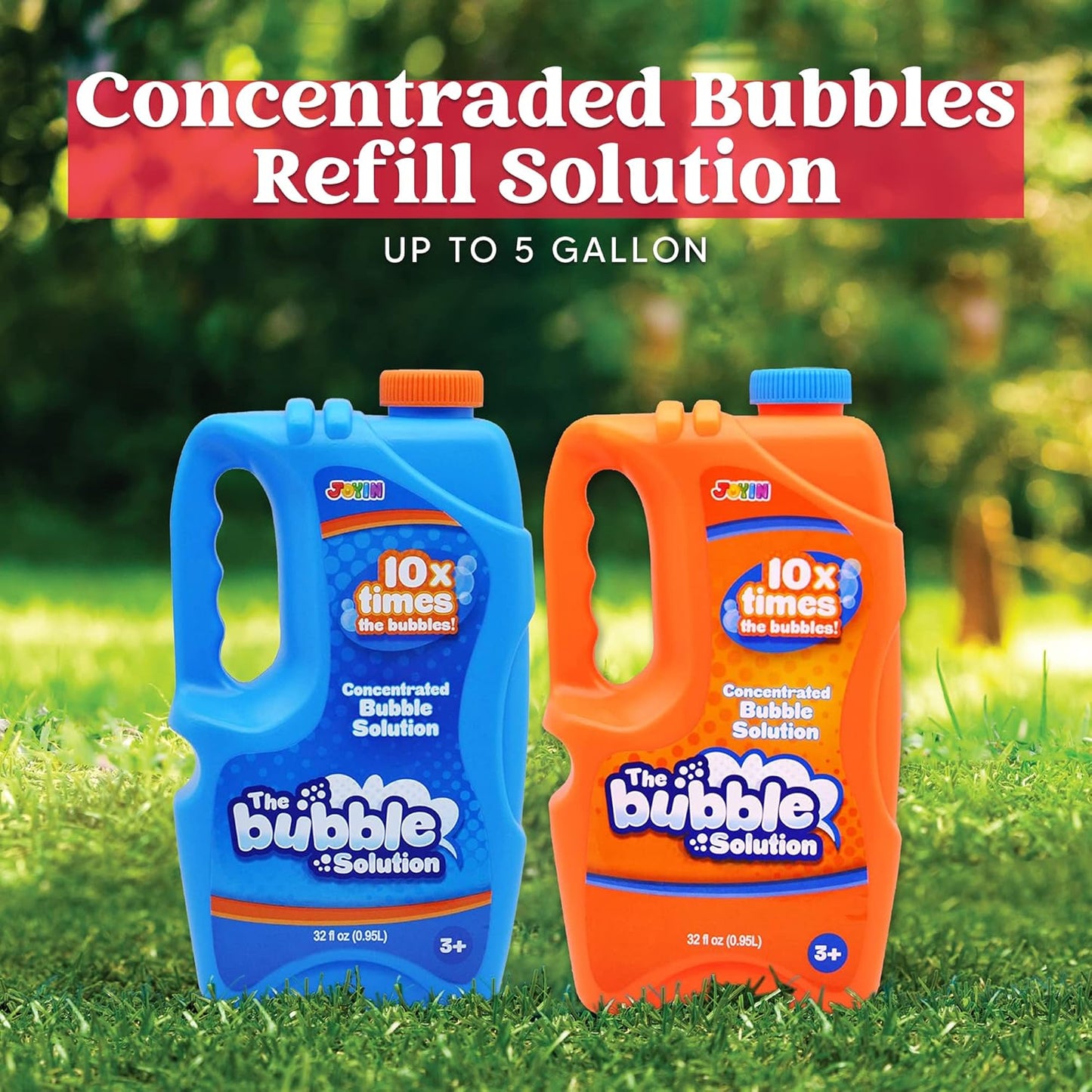 JOYIN 2 Bottles Bubbles Refill Solutions 64 oz (up to 5 Gallon), Concentrated Solution for Bubble Machine, Gun, Wand Refill Fluid Summer, Easter Toys(Orange+Blue)