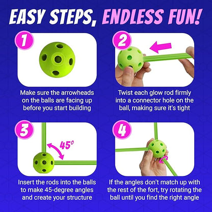 Playbees Glow in The Dark Fort Building Kit – 130 PCS STEM Toy for Kids Ages 4–12 – Build Tents, Castles & Rockets – Creative Building Set & Great Gift