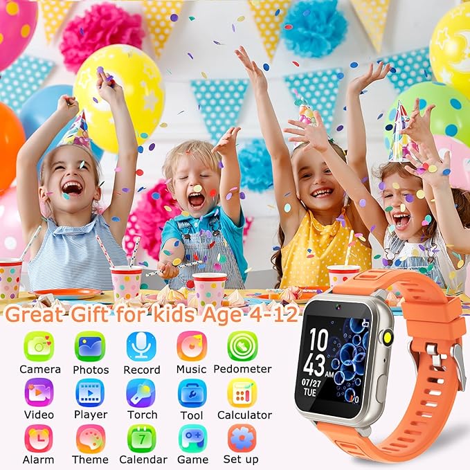 Cosjoype Kids Smart Watch Girls Gifts Age 5-12, 24 Puzzle Games HD Video Camera Music Player Storybook Pedometer HD Flashlight 12/24hr Touchscreen Kids Watch with Screen Protector