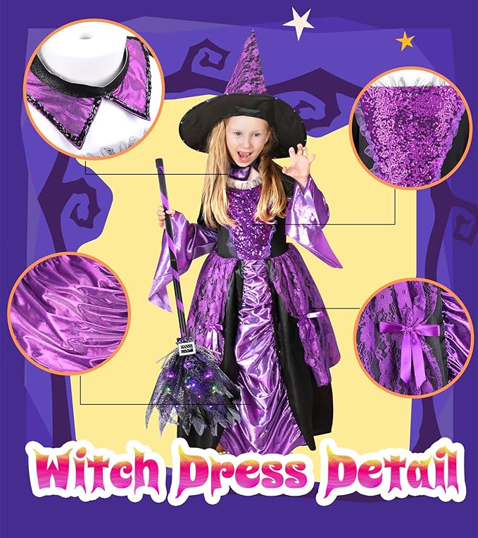 Meland Witch Costume for Girls - Light up Halloween Costumes for Kids Girl Dress up, Witch Dress for Toddler Girls Ages 3-10