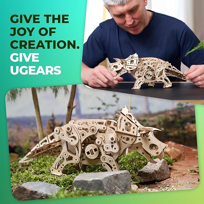 UGEARS Triceratops Dinosaur 3D Wooden Puzzles for Adults - Wooden Models Kits for Adults Dinosaur Model Kit Dino Wood Puzzle Animal Models for Adult Brain Teaser, Hobby Set