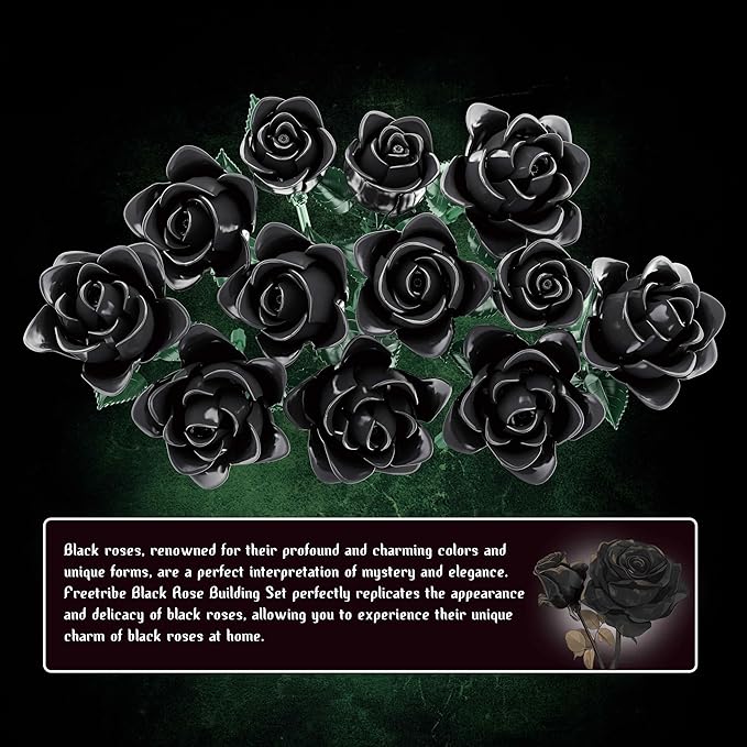Black Rose Bouquet Building Set, Compatible with Lego Flowers for Adults - Botanical Collection Gift for Valentines - Artificial Home Retro Decor